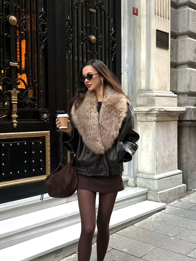 Verity | Fur Collar Faux Leather Coat