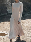 White Tight Knit Ribbed Dresses Women Solid round Neck Elegant Long Sleeve Skinny Autumn Spring Maxi Dresses for Women