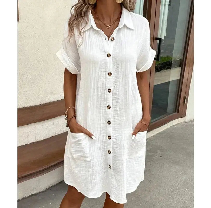 Summer Solid Simple Short Sleeve Shirt Dress Women'S Turn-Down Collar Single Breasted Casual Elegant Ladies Loose Dresses