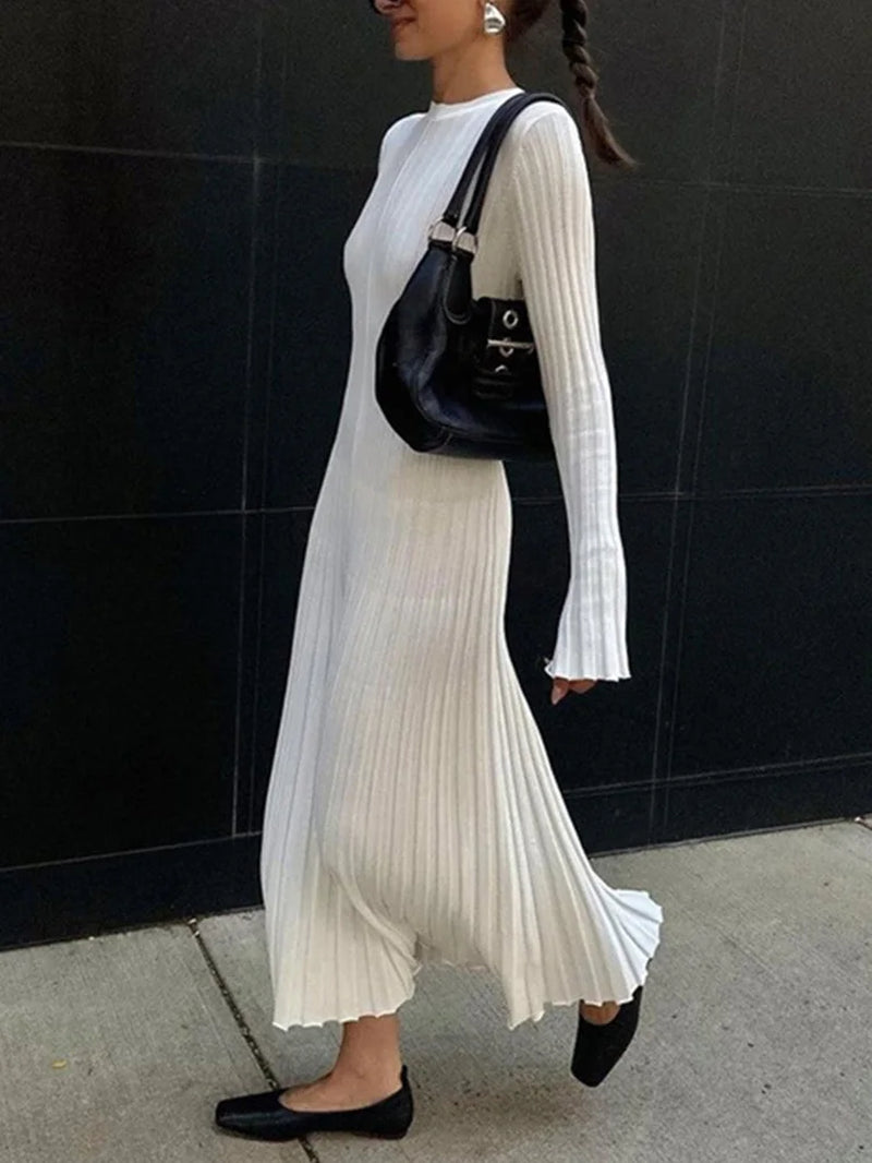 White Tight Knit Ribbed Dresses Women Solid round Neck Elegant Long Sleeve Skinny Autumn Spring Maxi Dresses for Women